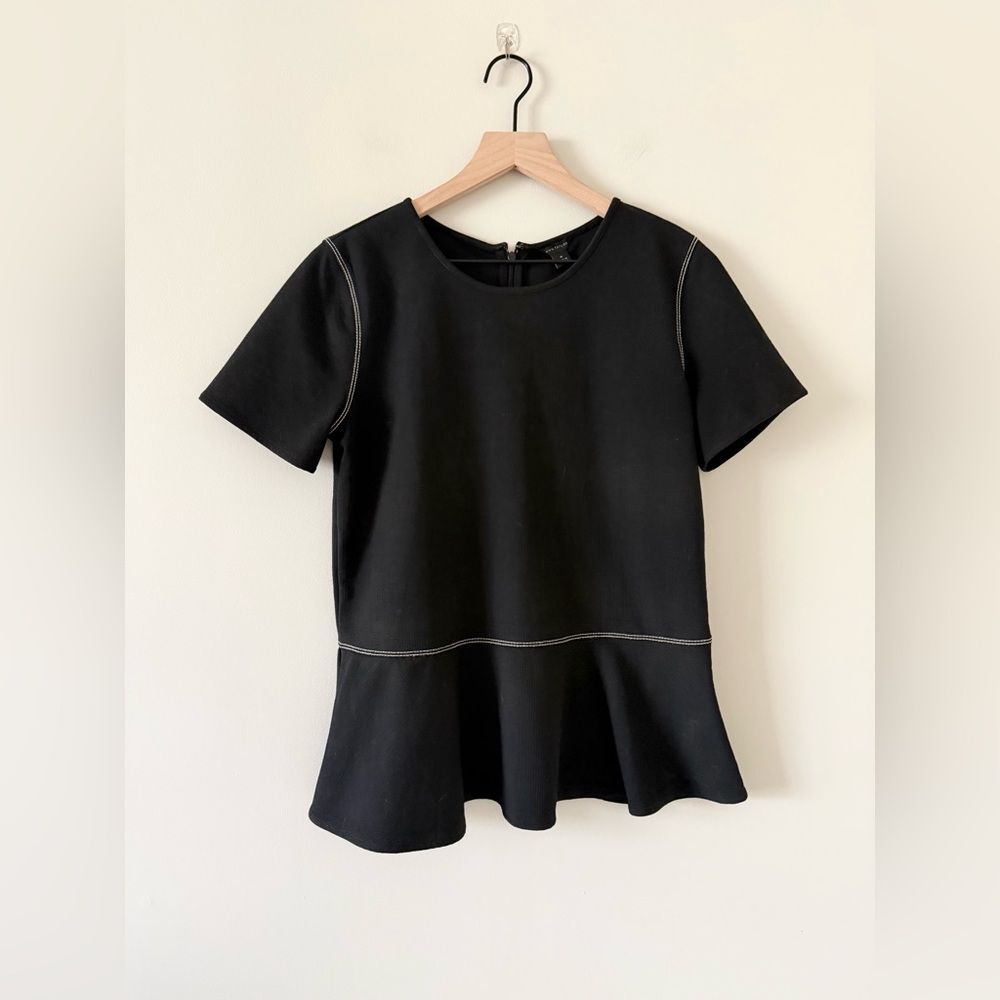 Ann Taylor Black Peplum Blouse Contrast White Stitching Size M